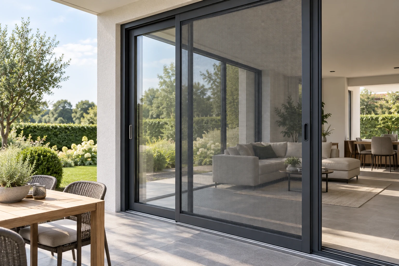 Moustiquaire coulissante en aluminium sur une baie vitrée contemporaine